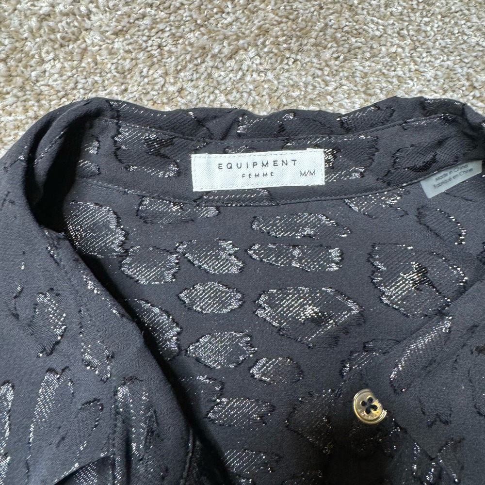EQUIPMENT Daddy Metallic Leopard Print Silk Shirt Blouse in Black Size M - Picture 4 of 5
